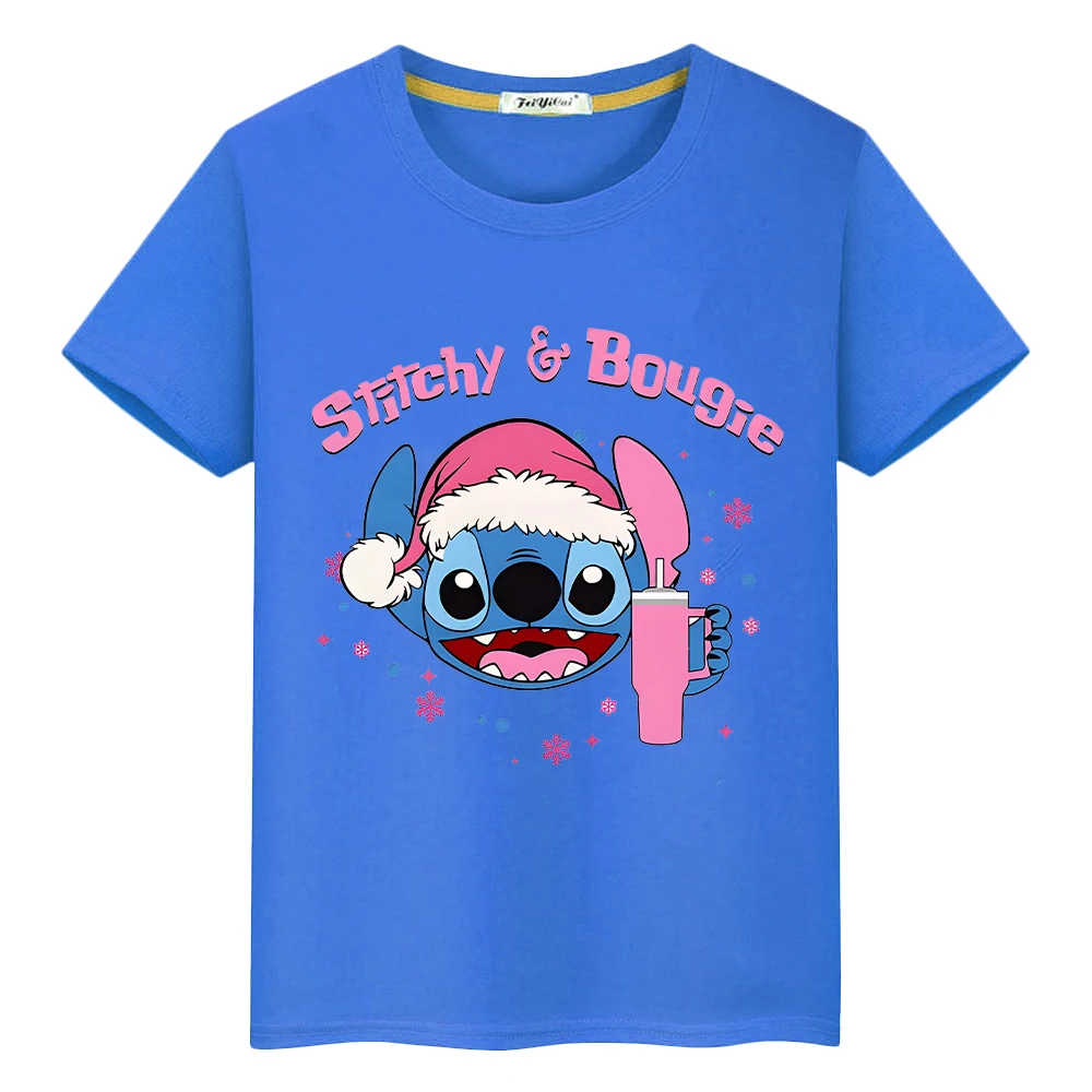 Christma Print 100%Cotton Short Tops y2k one piece Stitch t shirt for kids boy 10year Anime Tees Kawaii tshirt kids clothes girl