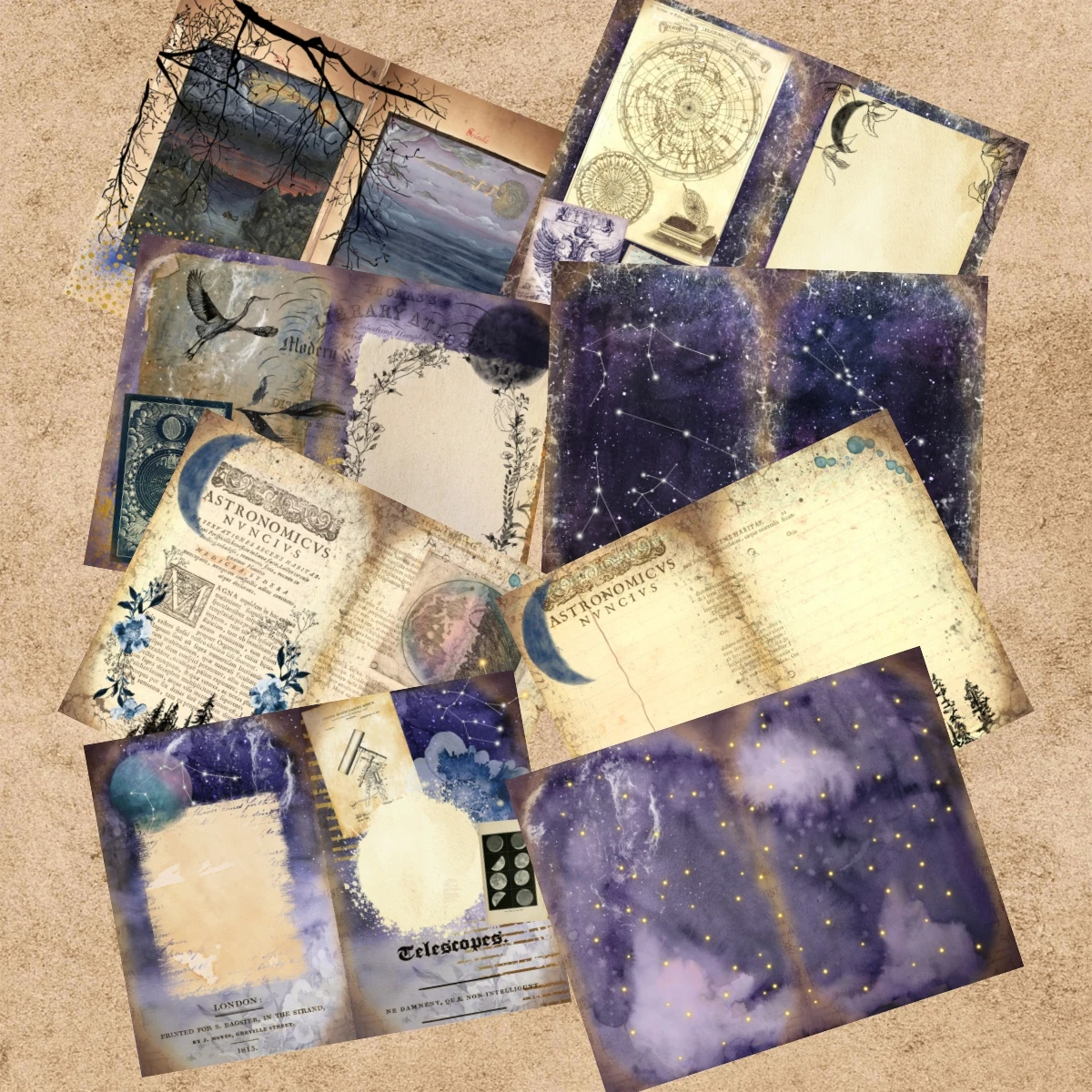 16 Sheets A5 Size Twelve Constellations Universe Stars Planets Background Vintage Grunge Journal Planning Scrapbooking