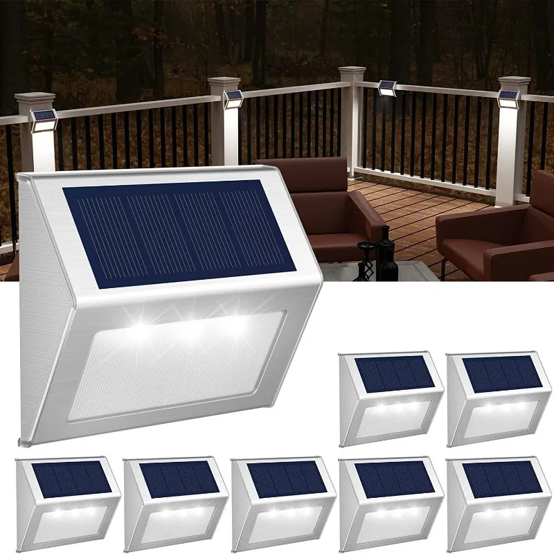 Solar-powered Stainless Steel Stair 3-LED Step Light, Outdoor Rainproof Wall Lamp, Fence and Backyard Small Night Light