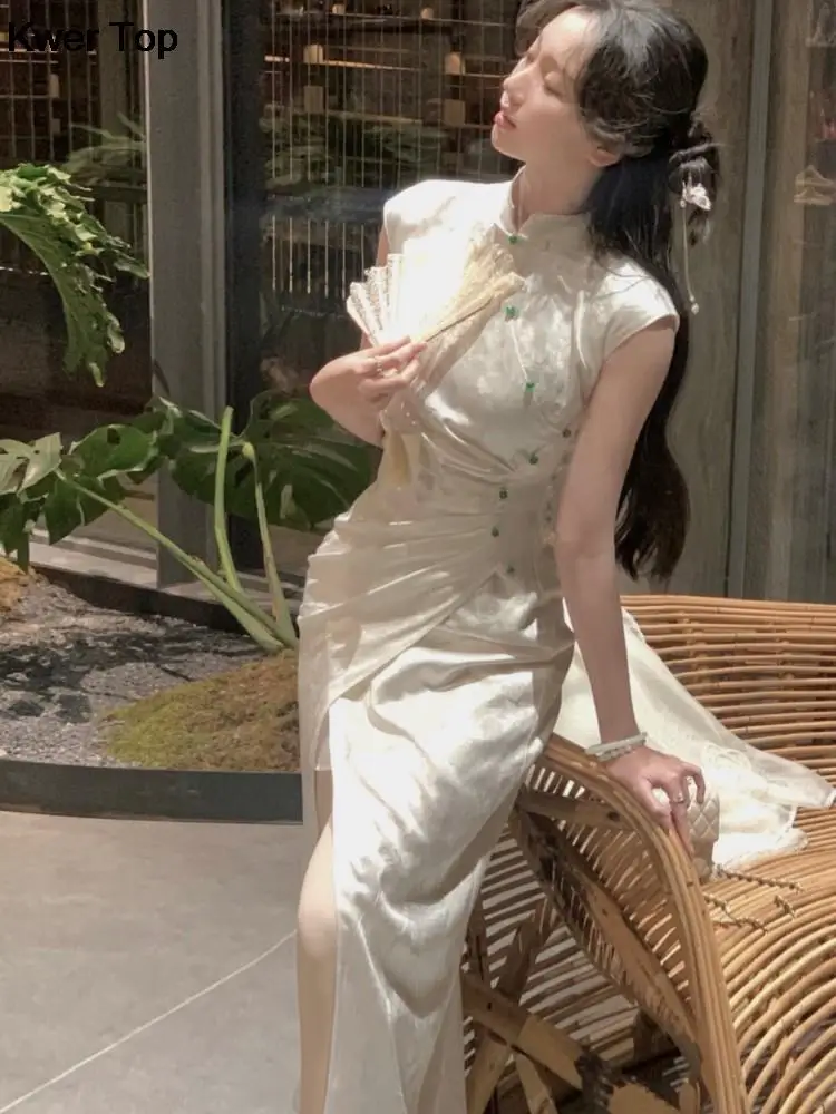 Elegant Vintage Slim Jacquard Cheongsam Summer White Midi Dresses Women Short Sleeve Runway Split Vestidos Female Black Robe