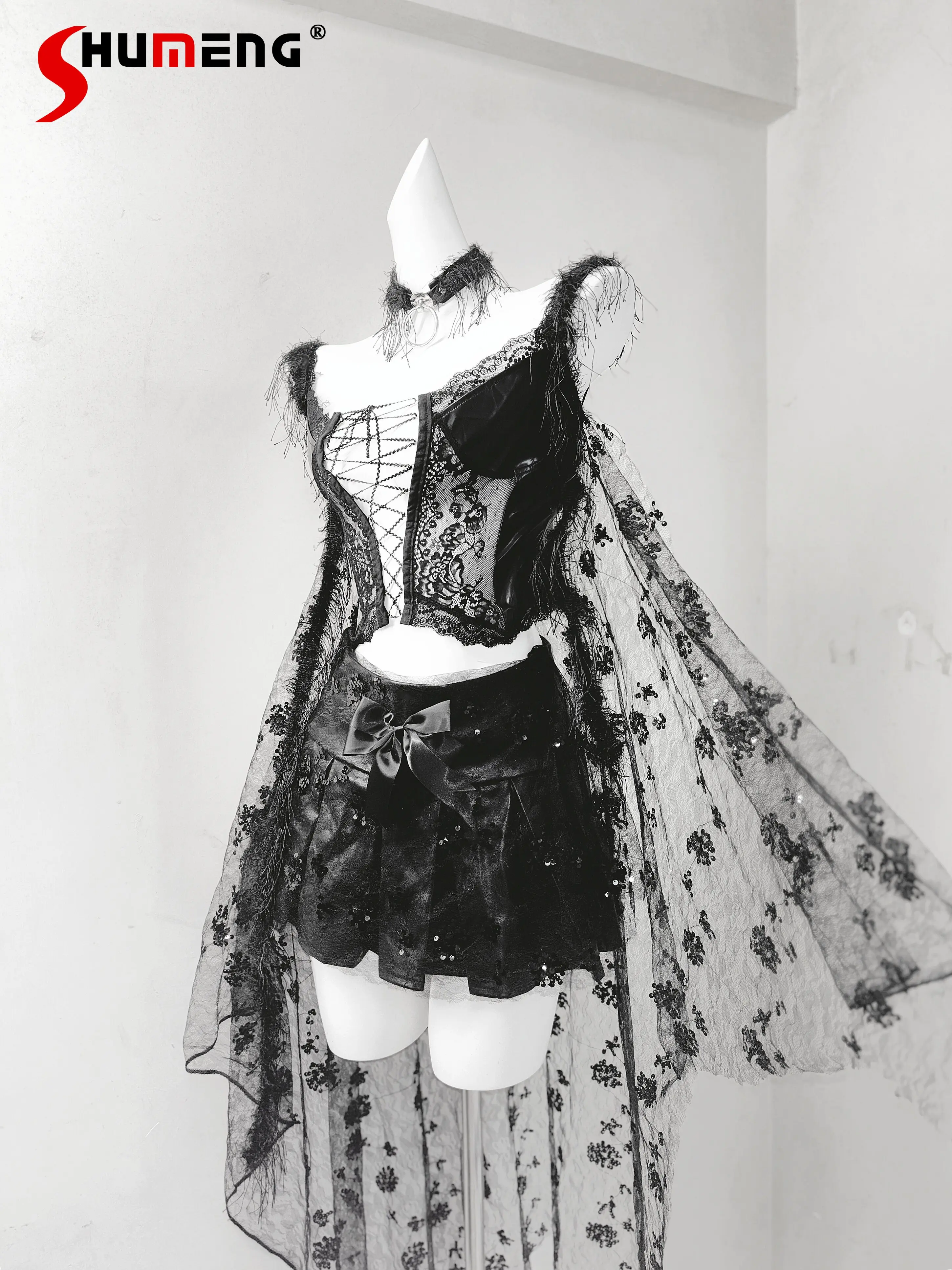 

Original Dark Gothic Lace Patchwork Top and Skirt Set 2-Piece Set Summer New Women's Sweet Elegant Vintage Top and Skirt Outfit