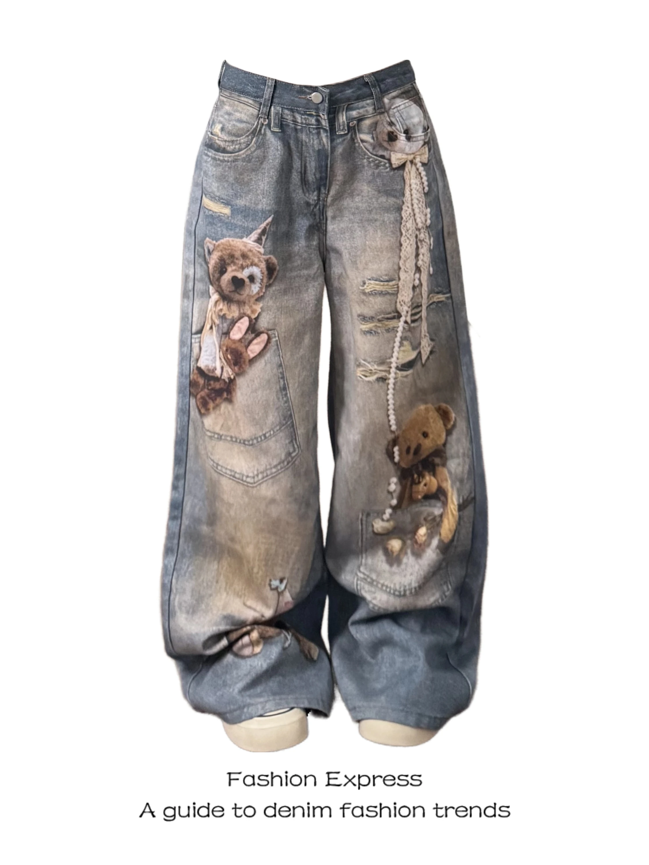 

Bear Print High Waist Wide Leg Jeans Women's Summer New American Retro Design Loose Pants Casual Comfortable Denim Trousers
