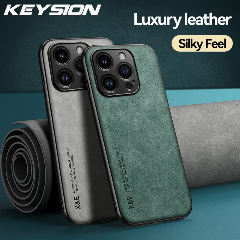 KEYSION Luxury Leather Case for iPhone 15 Pro Max 15 Plus Silicone+PC Shockproof Phone Back Cover for iPhone 14 13 12 11 Pro Max