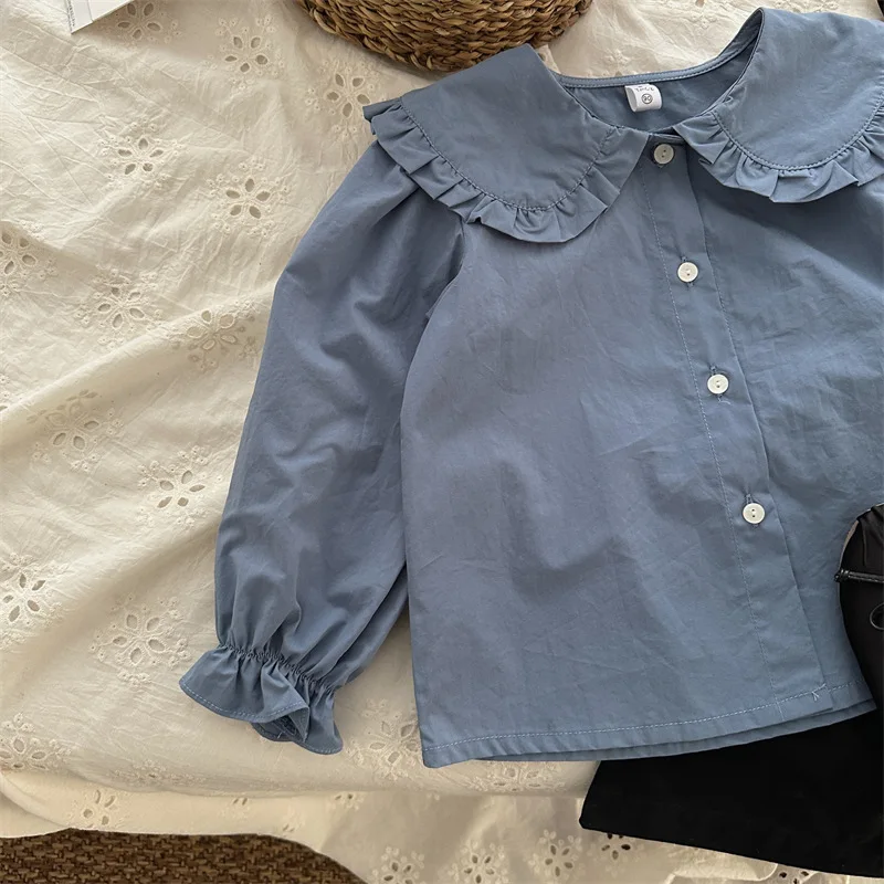 

HiFan Spring New Children's Doll Collar Lace Shirt Girls' Solid Color Turn-down Collar Long Sleeve Shirt