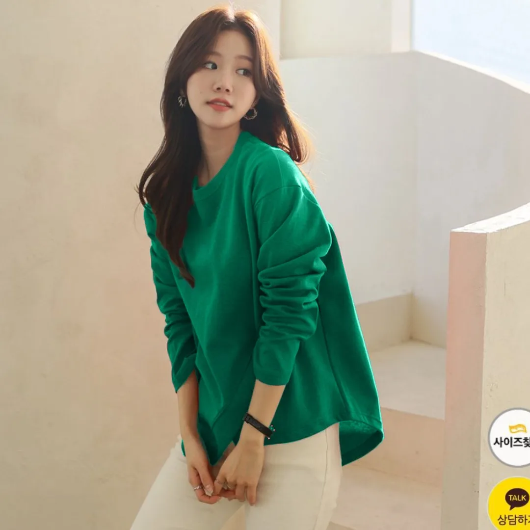 Algodão orgânico solto een redondo ne longo sve camiseta feminina topo design assimétrico confortável respirável casual irt