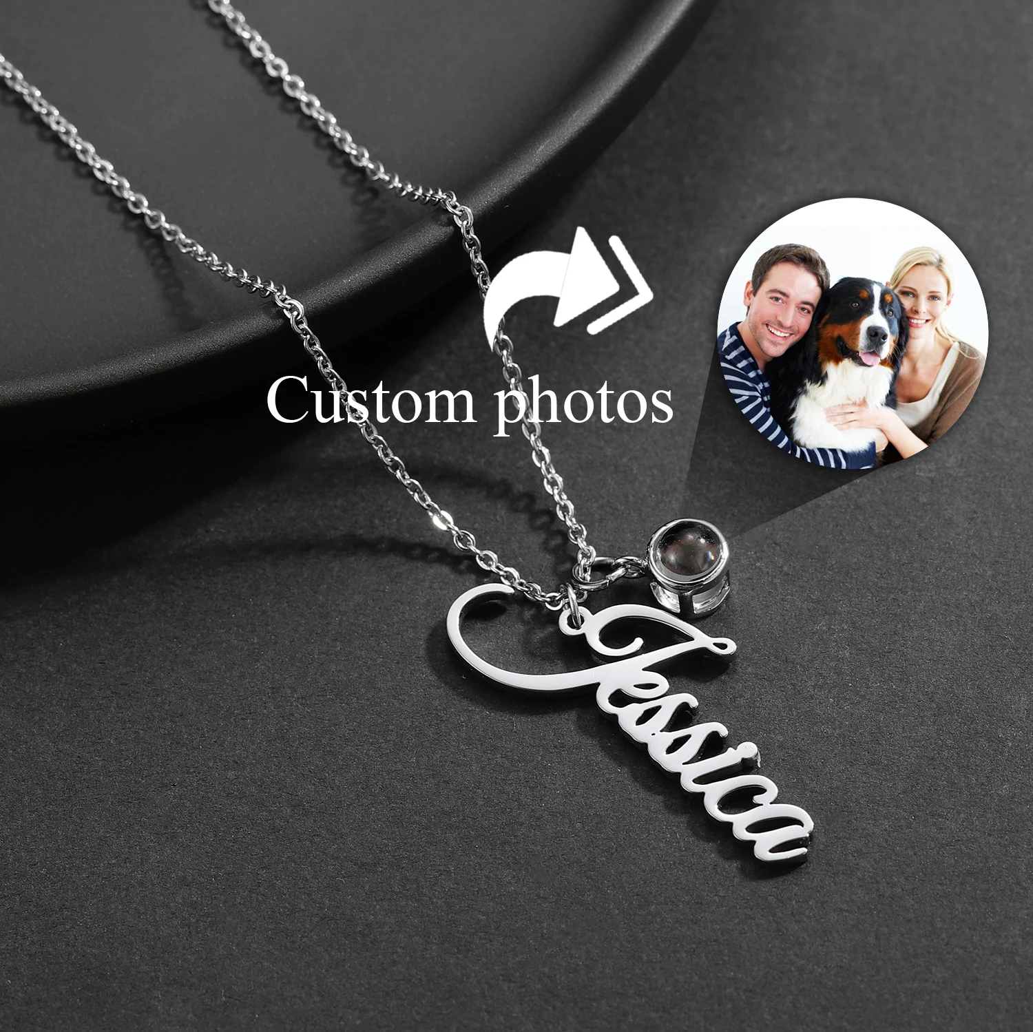 Custom Vertical Name Necklace Projection Pendant Personalized Stainless Steel Couple Photo Necklace for Women Christmas Gift