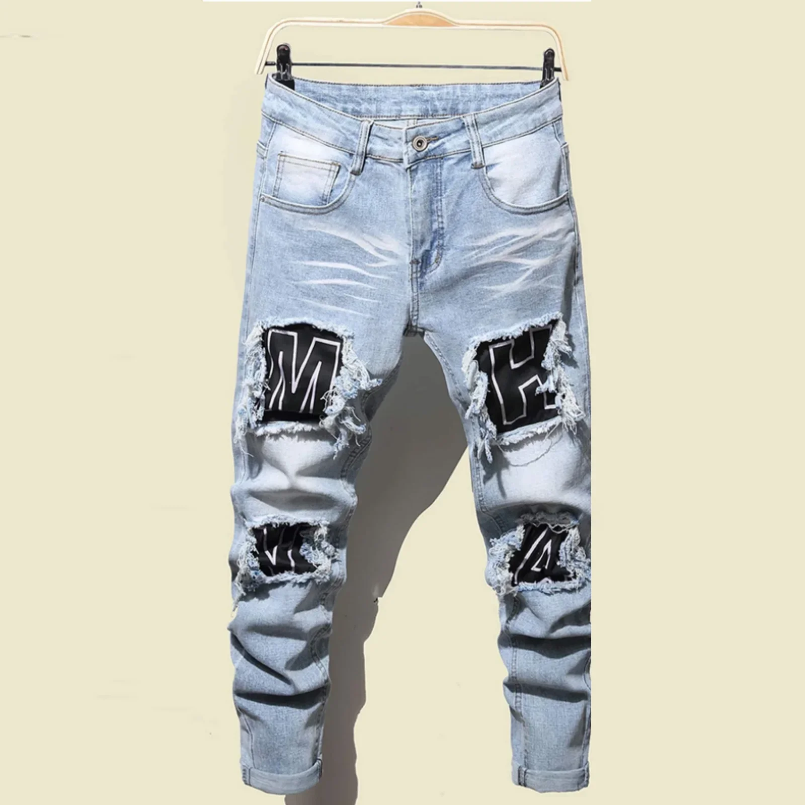 2023 Men\'s Jeans Cool Ripped Skinny Trousers Stretch Slim Denim Pants Large Size Hip Hop Black Blue Casual Jogging Jeans for Men