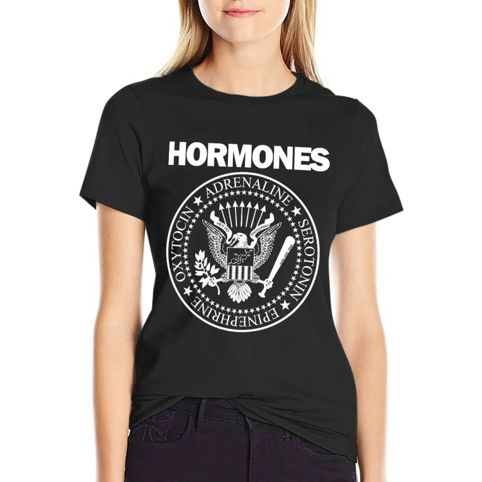 

H-O-R-M-O-N-E-S HORMONES T-shirt graphics Female clothing plus size tops Woman T-shirts