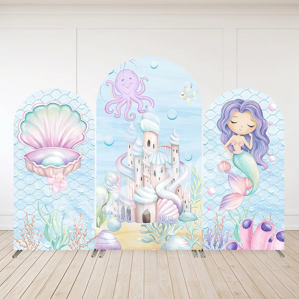 

Синий подводный Русалочка тема арочный фон для девочки, товары для дня рождения, замок в виде ракушки, детский душ, настенный фон