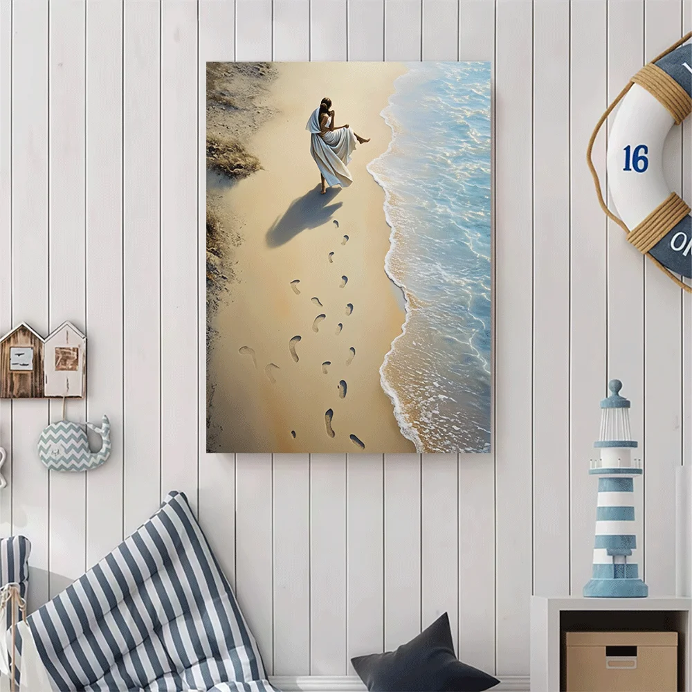 1PC-Canvas poster Unframed  Beach Woman Walking Footprints Ocean View Canvas Art Print  summer