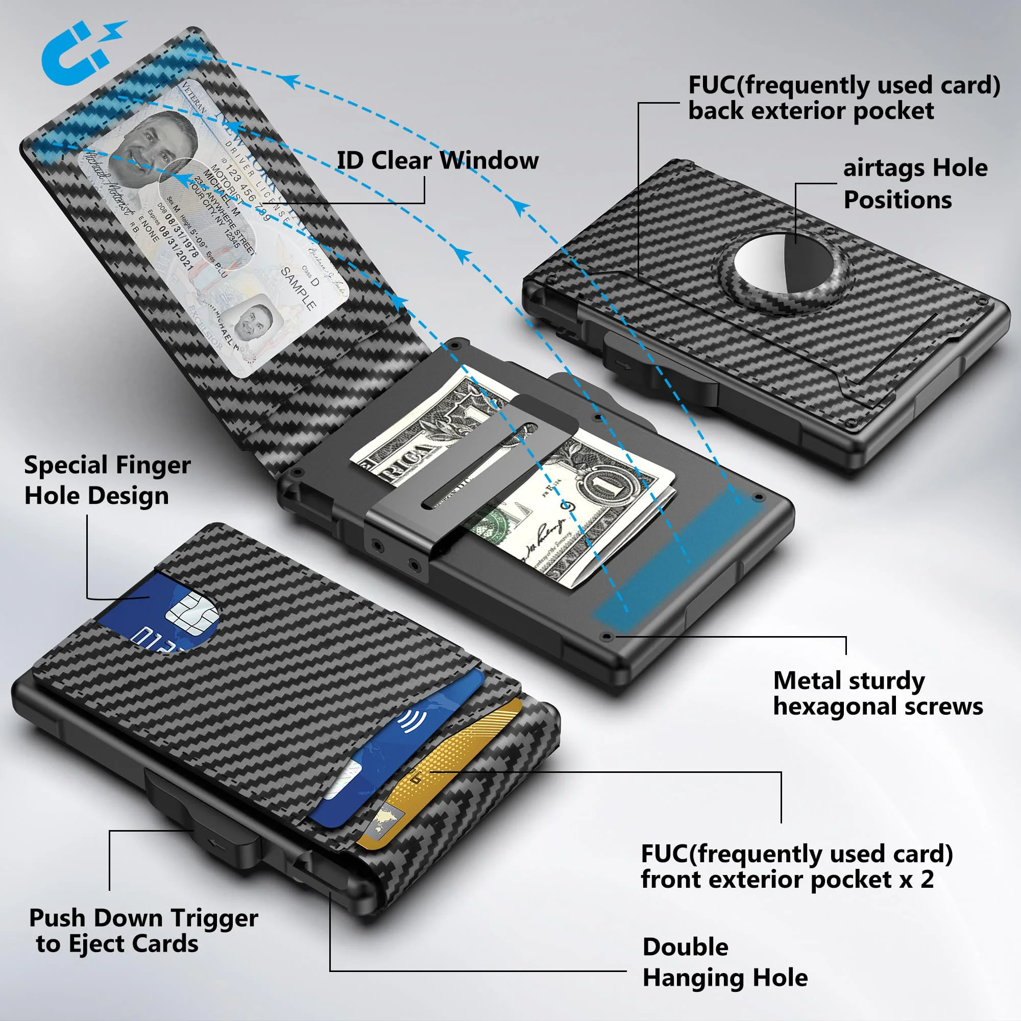 Men's Pop-Up Aluminum-Framed Carbon Fiber PU RFID Blocking Bifold Wallet with AirTag Slot Credit Card Holder Fold Design