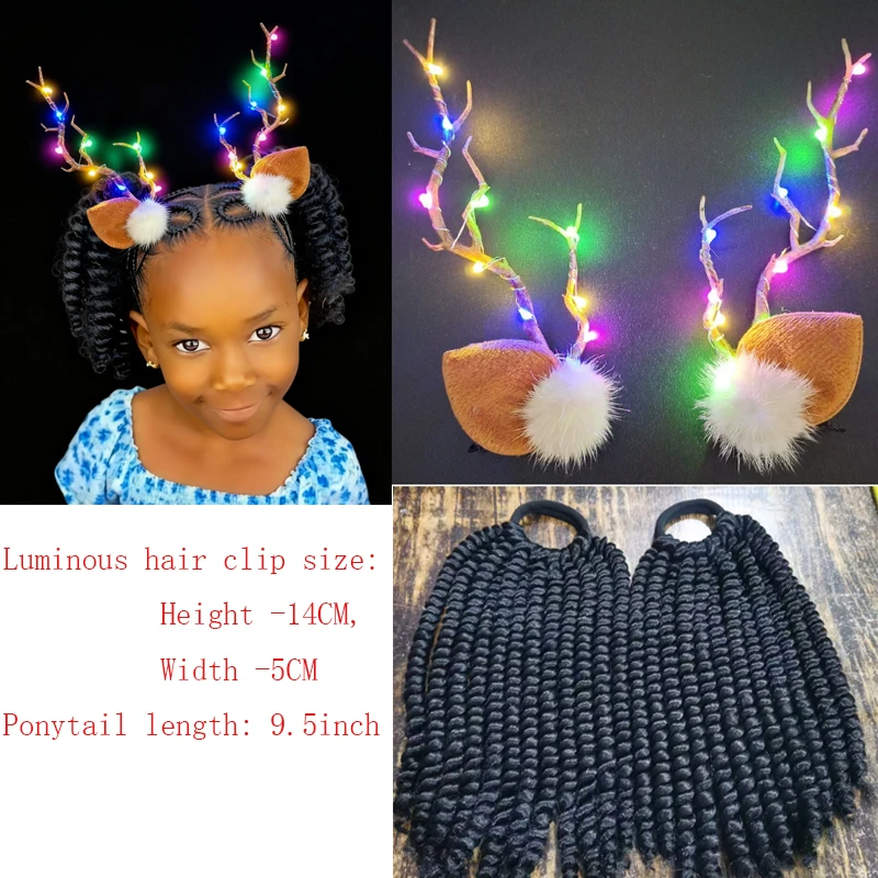 مجموعة تصفيفة الشعر للأطفال - وصلة ذيل حصان جديلة للأطفال مع دبابيس شعر مرنة + إضاءة LED لتزيين قرن الوعل - تصفيف شعر احتفالي #4