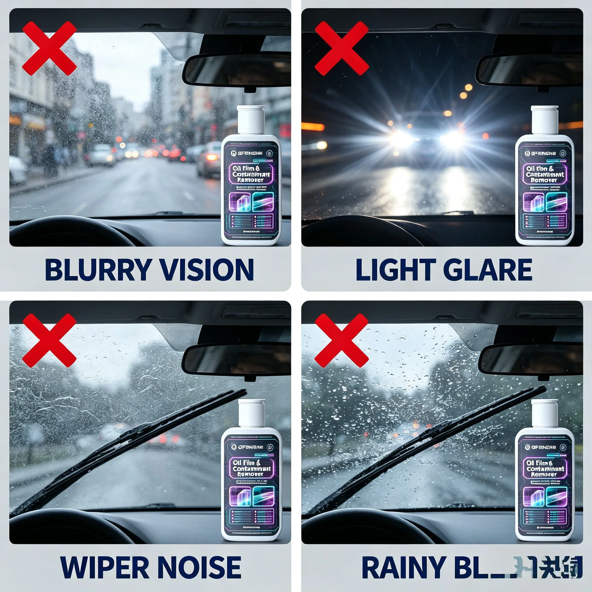 QIFENGHE All-in-One Glass Contaminant Remover – Eliminates Stubborn Oil Film, Bug Splatters, Bird Droppings, Tree Sap – 120ml Bo