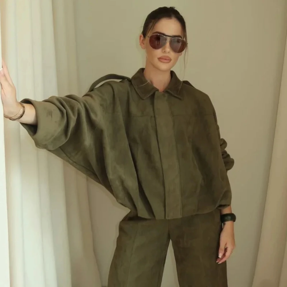 Women's Bomber Jacket Lapel Long Sleeve Zipper Suede Women High Street Cropped Racing Jackets Coats Outerwears loose suede textu