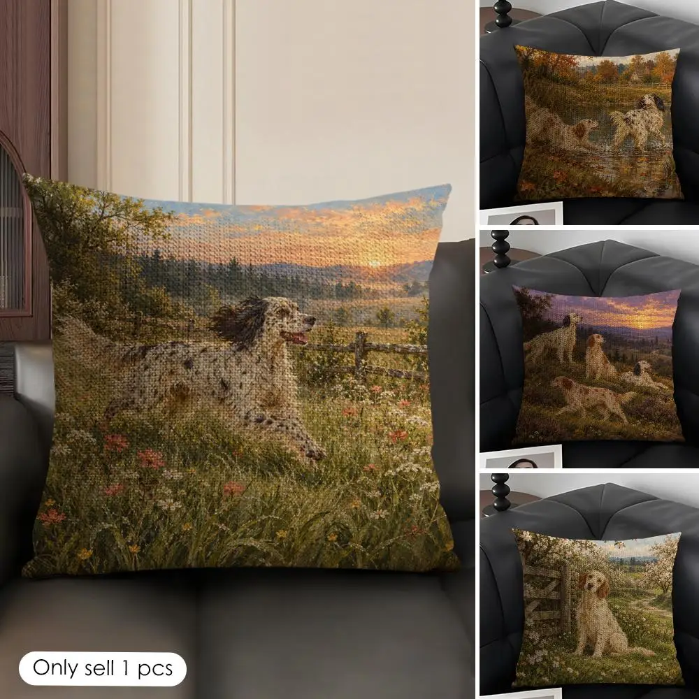 English Setter Dog Vintage Sporting Art Cushion Cover Skin-Friendly Linen Pillow Cover Durable Hypoallergenic Washable Soft