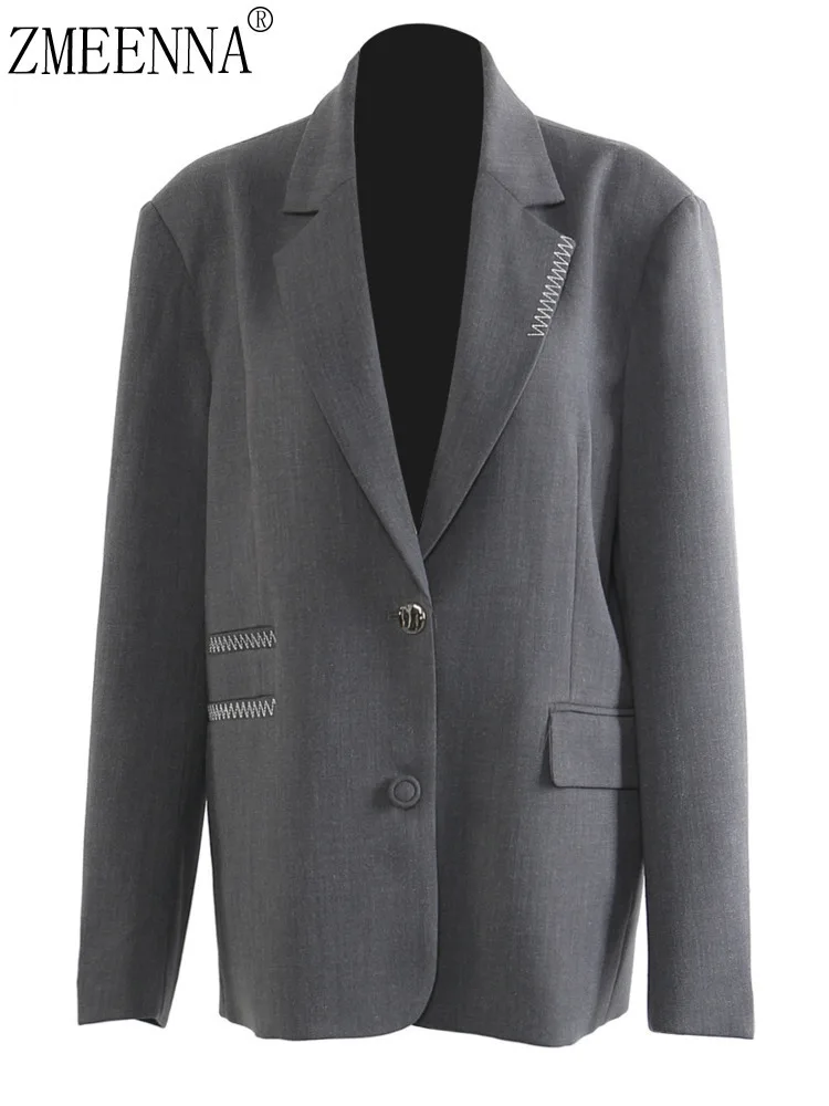 

ZMEENNA Womens Single Breasted Blazer Jacket Long Sleeve Coat Notch Lapel Zigzag Stitch Detail Casual Outerwear Gray ZM4336
