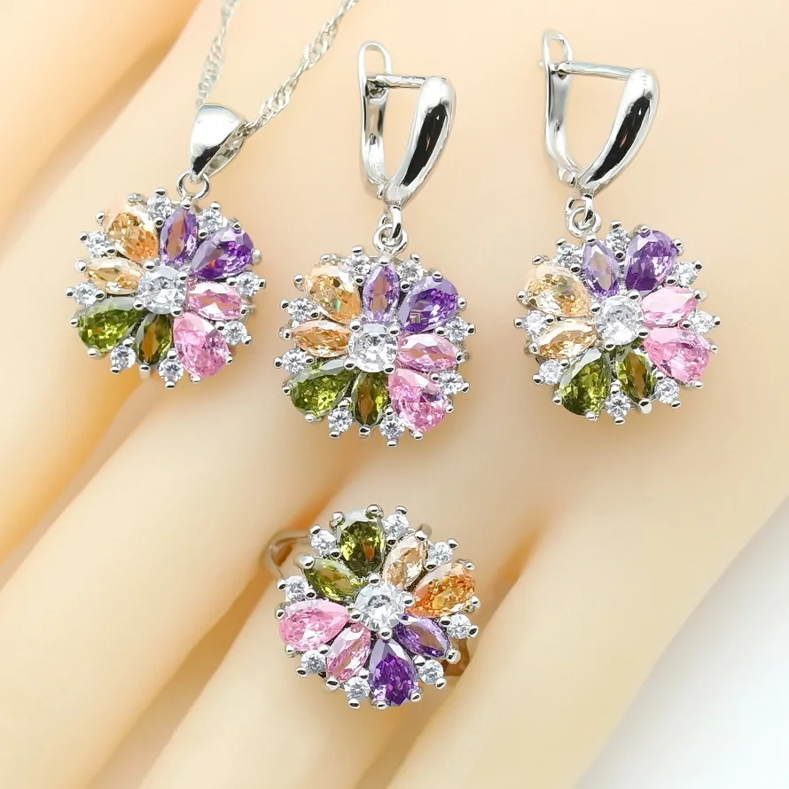 Multicolor Zirconia 925 Silver Jewelry Sets for Women Wedding Crystal Necklace Pendant Earrings Ring Party Gift