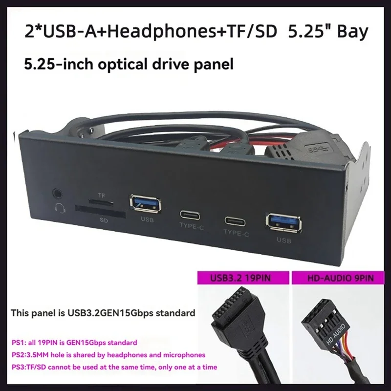 USB Front Panel for PC 2 X USB 3.2 GEN1 5Gbps + 2 X TYPE-C Hub + 3.5Mm TF/SD Headset+ Slot for 5.25Inch Floppy Drive Bay-L22A