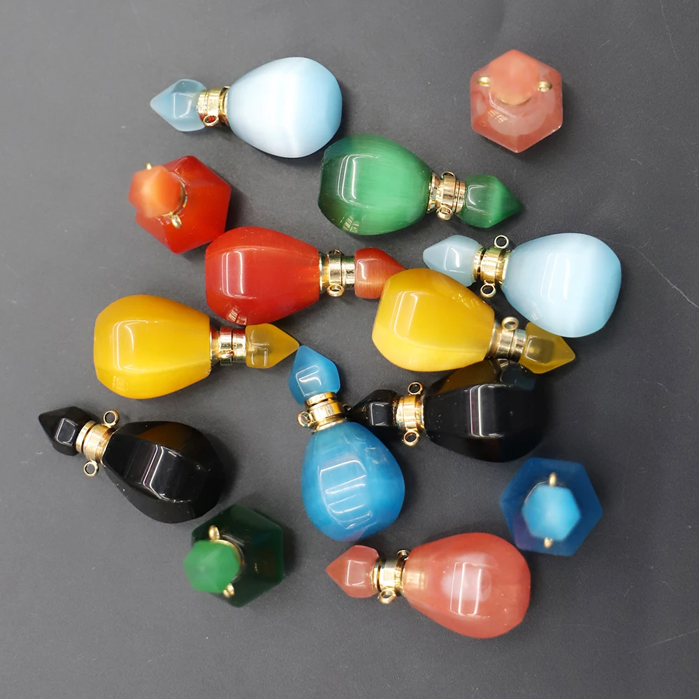 Natural Stone Perfume Bottle Pendant Polygon Pumpkin Shaped Sweater Chain DIY Fashion Creative Jewelry Necklace Accessories 3Pcs