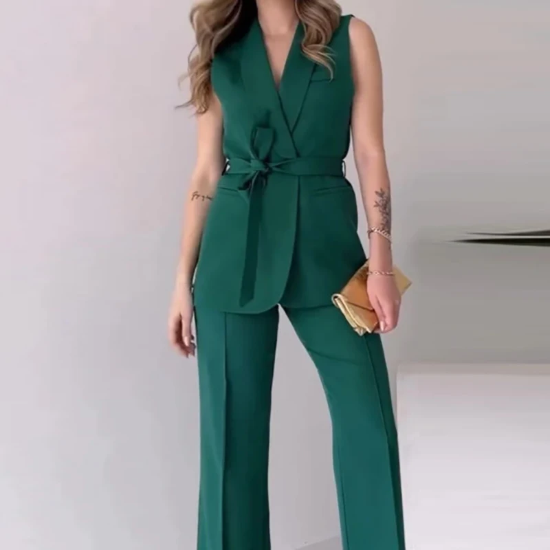 Lady Turn-down Collar Sleeveless Top with Long Pants Suit Elegant Temperament Solid Color Slim Set Fashion Lace Up Party Outfit