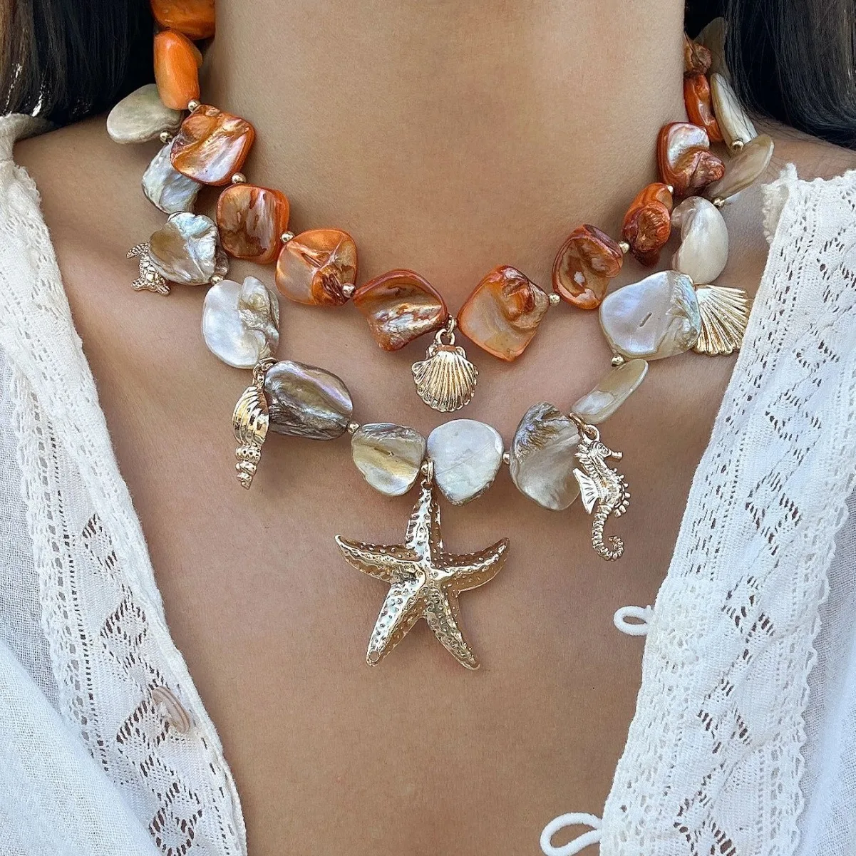 2024 Vacation Style Ocean Series Imitation Pearl Shell Starfish Necklace Women's Vacation Leisure Party Shell Necklace