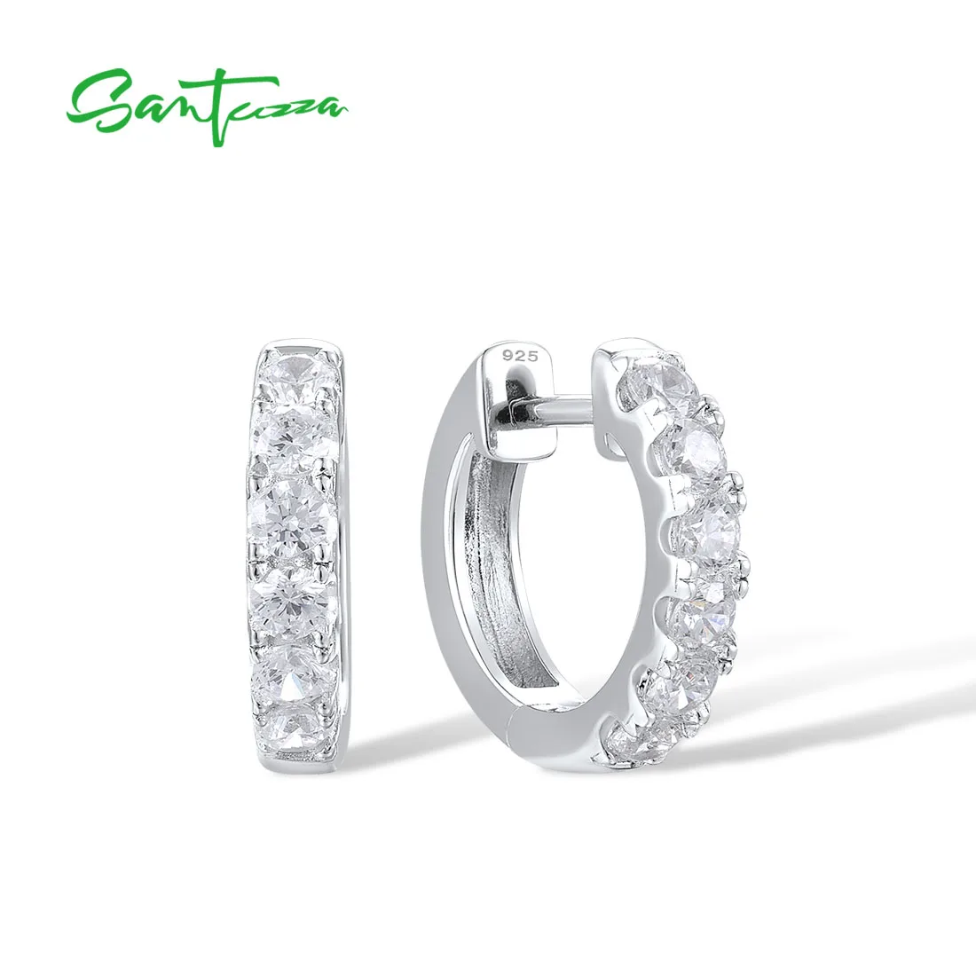 

SANTUZZA Genuine 925 Sterling Silver Loop Earrings For Women White Cubic Zirconia Glamorous Birthday Gift Chic Fine Jewelry