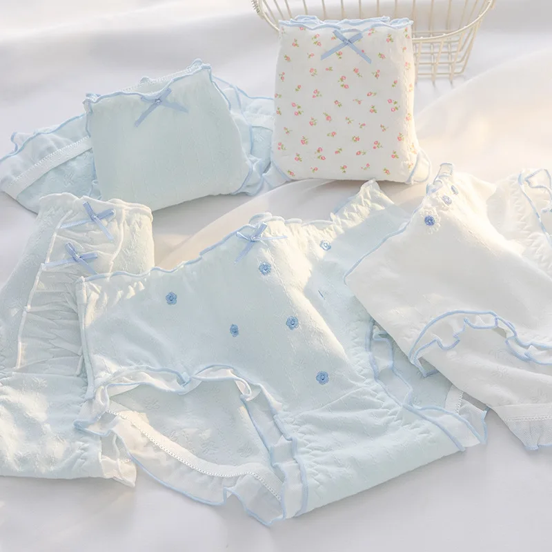 SP&CITY Blue Lace Bow Cute Panties for Women Mid Waist Flower Print Embroidery Cotton Underwear Soft Breathable Daily Briefs