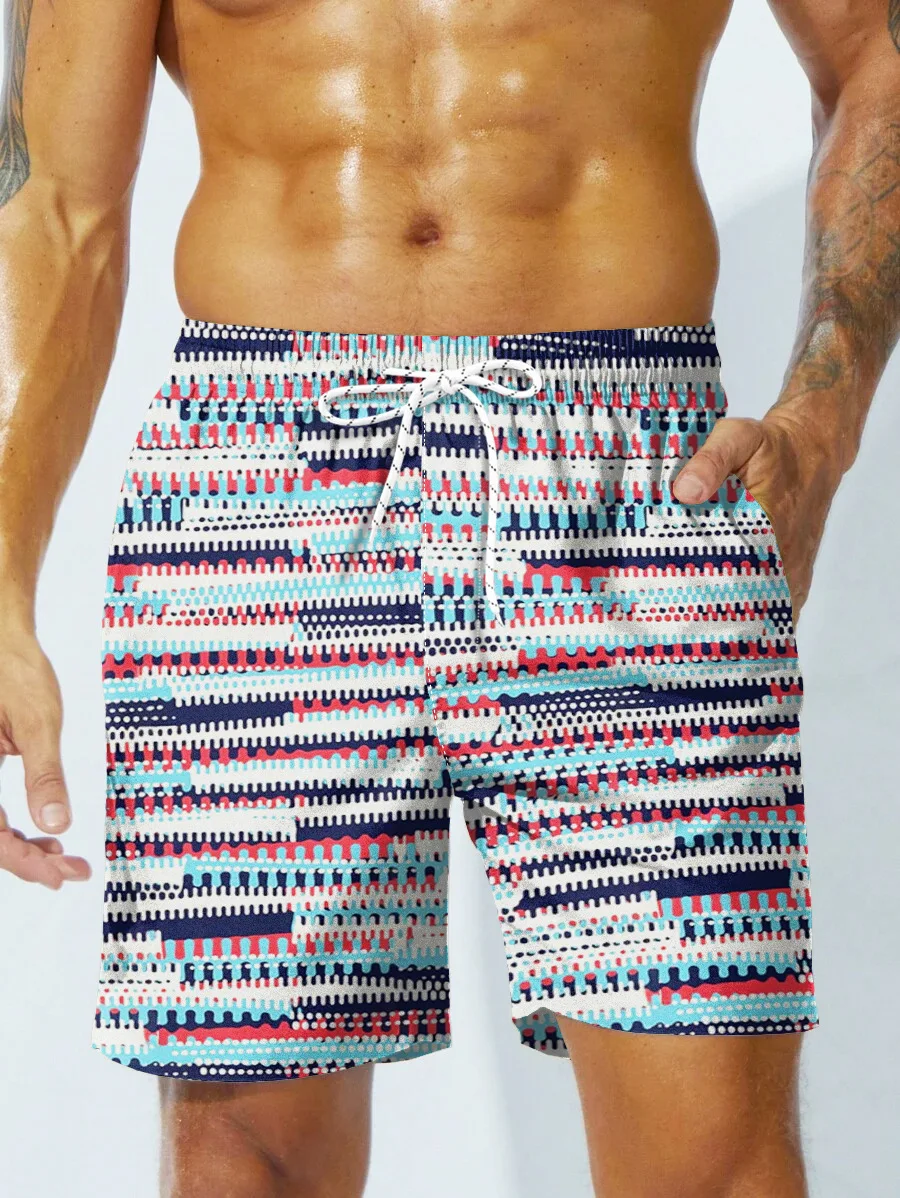 Summer Men's Striped Popper Graphic Shorts Hawaii Style 3D Printed Shorts Drawstring Trunks Man Sunside Sweatpants