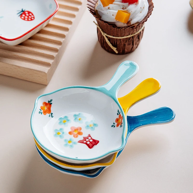 Breakfast Dessert Plate Baking Plate Milk Cup Nordic Style Creative Ceramic Handle Plate Microwave Oven Underglaze Color Plates