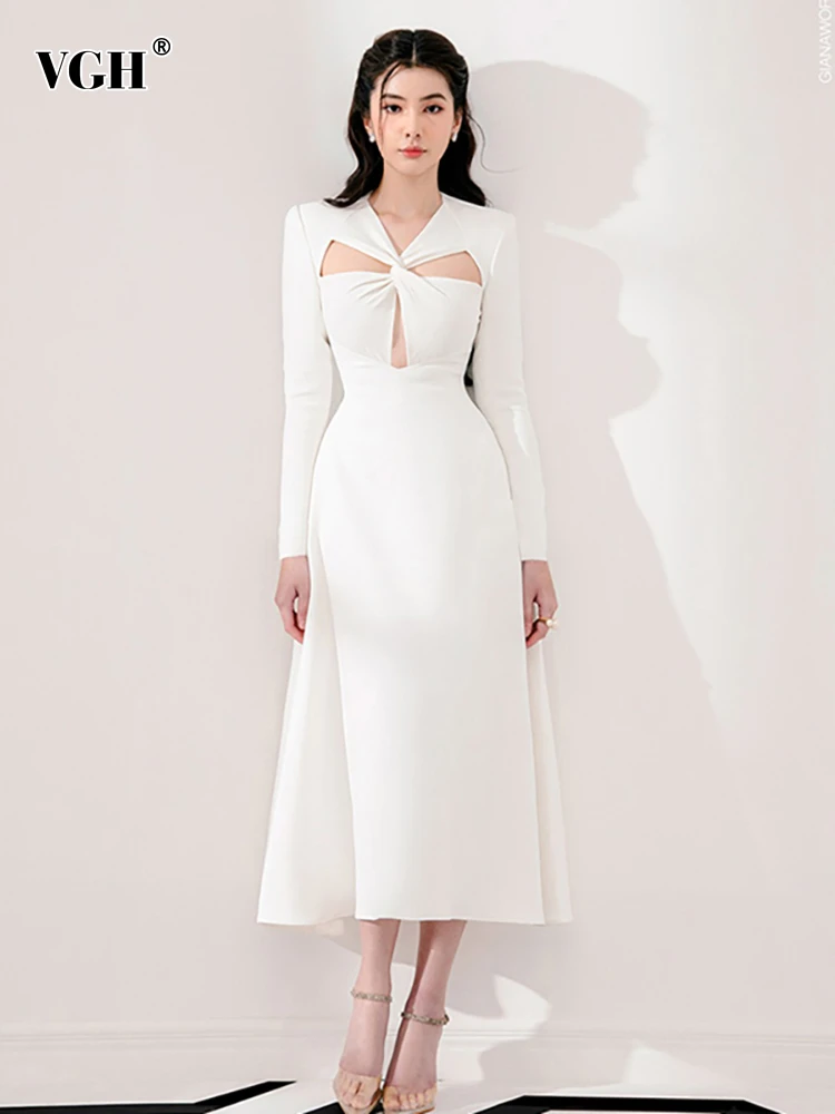 

VGH Hollow Out Cross Elegant A Line Dresses for Women V Neck Long Sleeve High Waist Solid Temperament Dress Female Fashion New