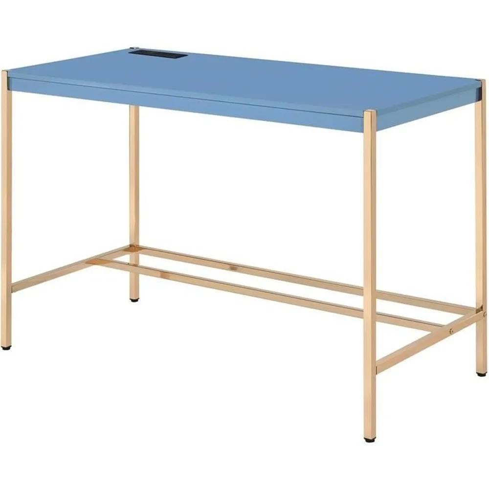 مكتب كتابة خشبي لسطح المكتب مع منافذ USB باللون الأزرق الداكن والذهبي