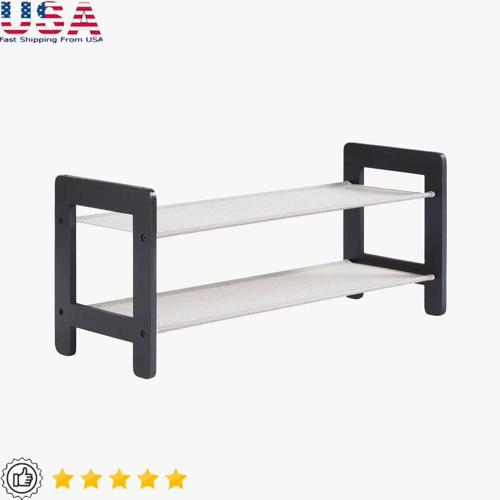

2 Tier Wood Shoe Rack Freestanding Stackable Shoe Organizer with Fabric Shelves Durable Storage Shoes Accessories Entryway