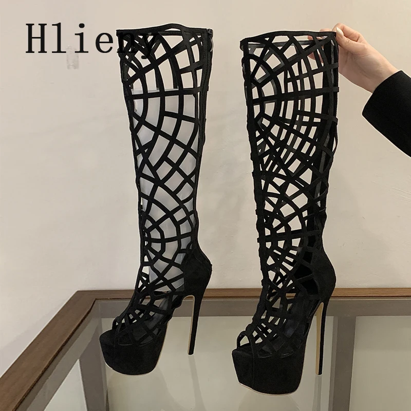 

Hlieny Summer Thin High Heels Sexy Nightclub Hollow Out Over The Knee Boots Women Peep Toe Zipper Platform Sandals Shoes
