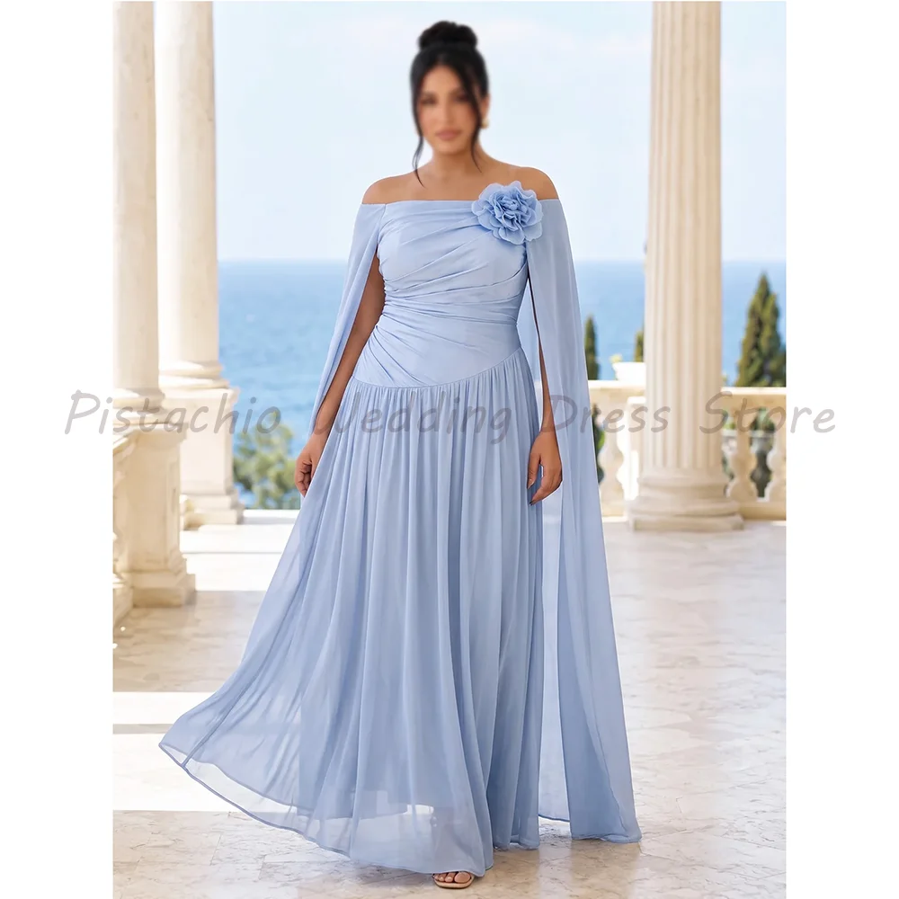 Vestido de gasa azul polvoriento de talla grande, con diseño de hombros descubiertos, capa, estampado floral en 3D y corte en A, ideal para damas de honor o para eventos de noche.