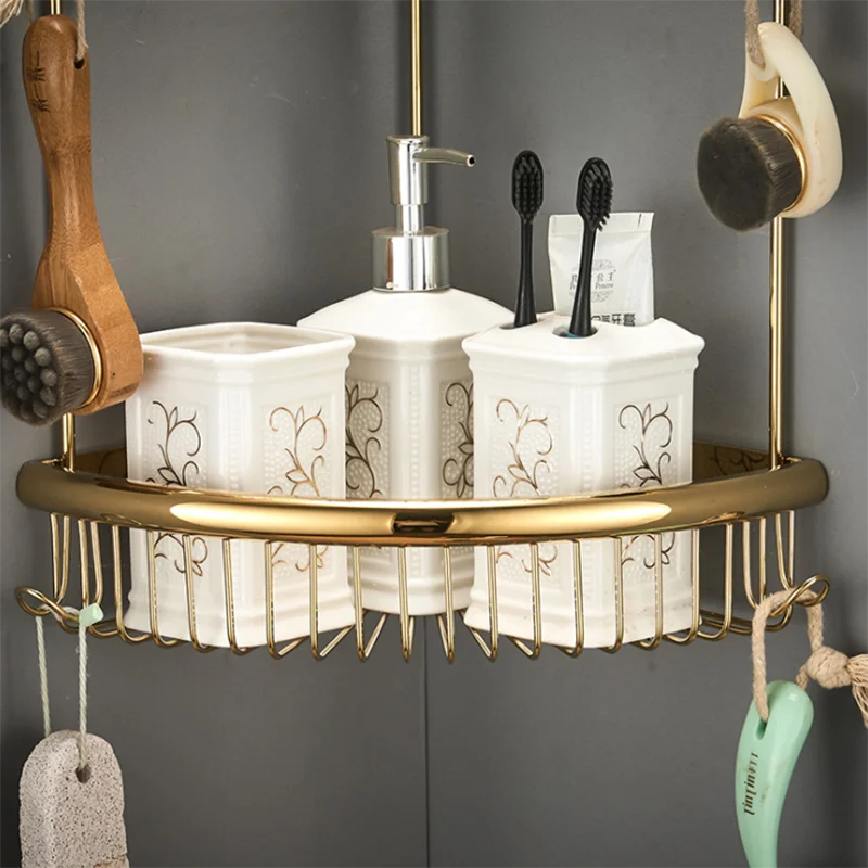 

Wall Mounted Brass Double Shower Rack Suspended Bathroom Corner Rack Wire Shower Basket