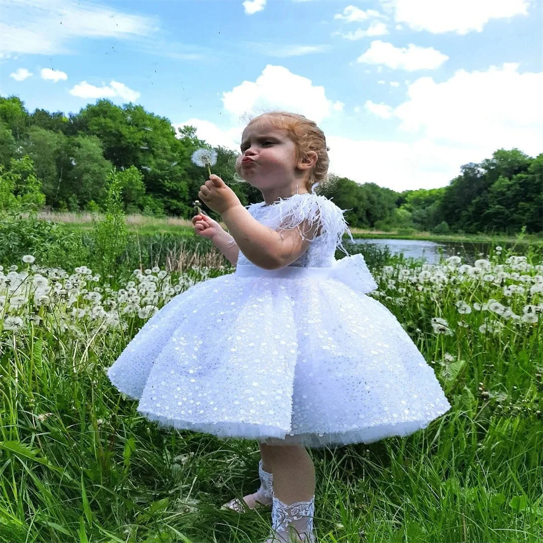 First Communion Dress for Girls Beads Feather with Bow Sparkly Glitter Evening Party Fluffy Skirt Ball Gown Tutu Kid