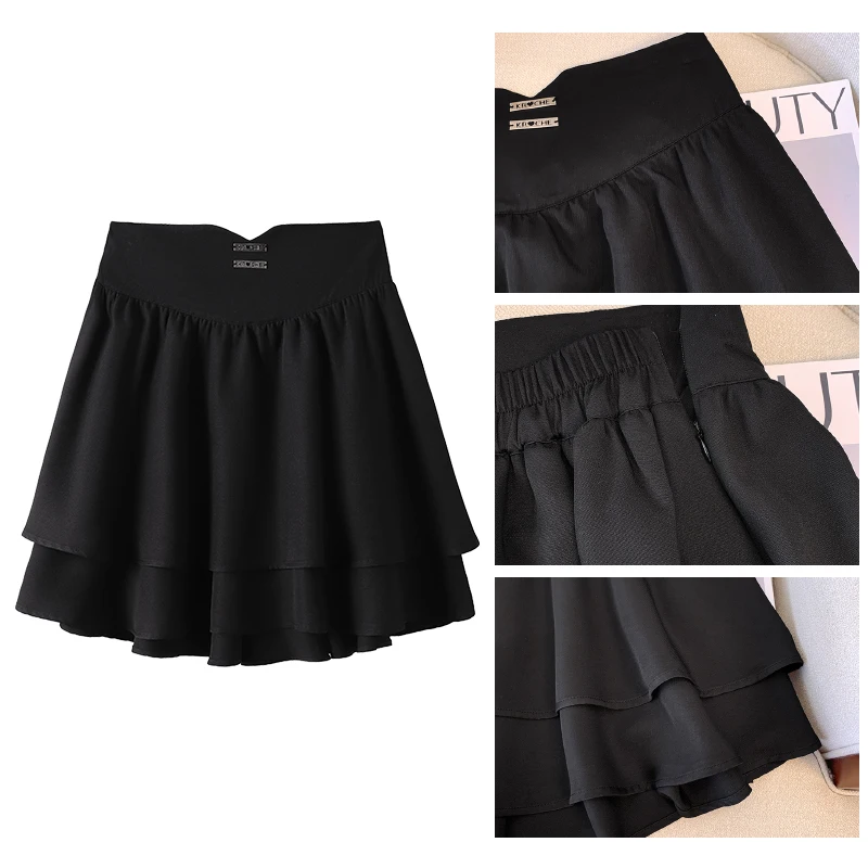 Plus-size women\'s summer casual commuting loose comfortable skirt Black A-line high waist elastic waist pleated short skirt big