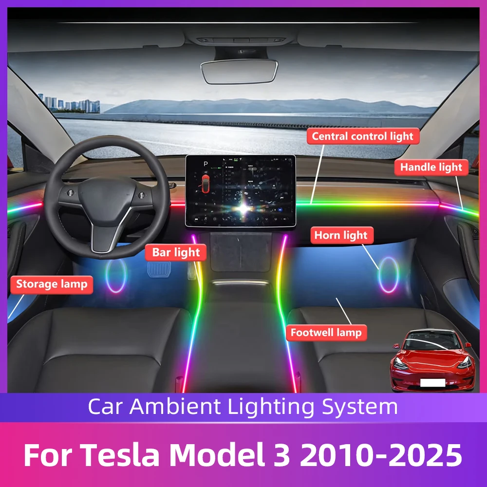 

For Tesla Model 3 2010-2025 APP Control Car Interior Ambient Light RGB 64 Colors LED Energy Saving Efficient Lamp Kit