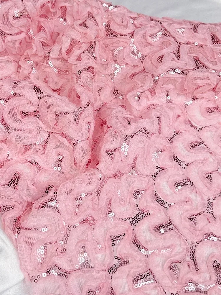 Quality Pink Three-Dimensional Digital Disc Flower Embroidery Sequin Mesh Fabric, Wedding Dress Skirt Fabric