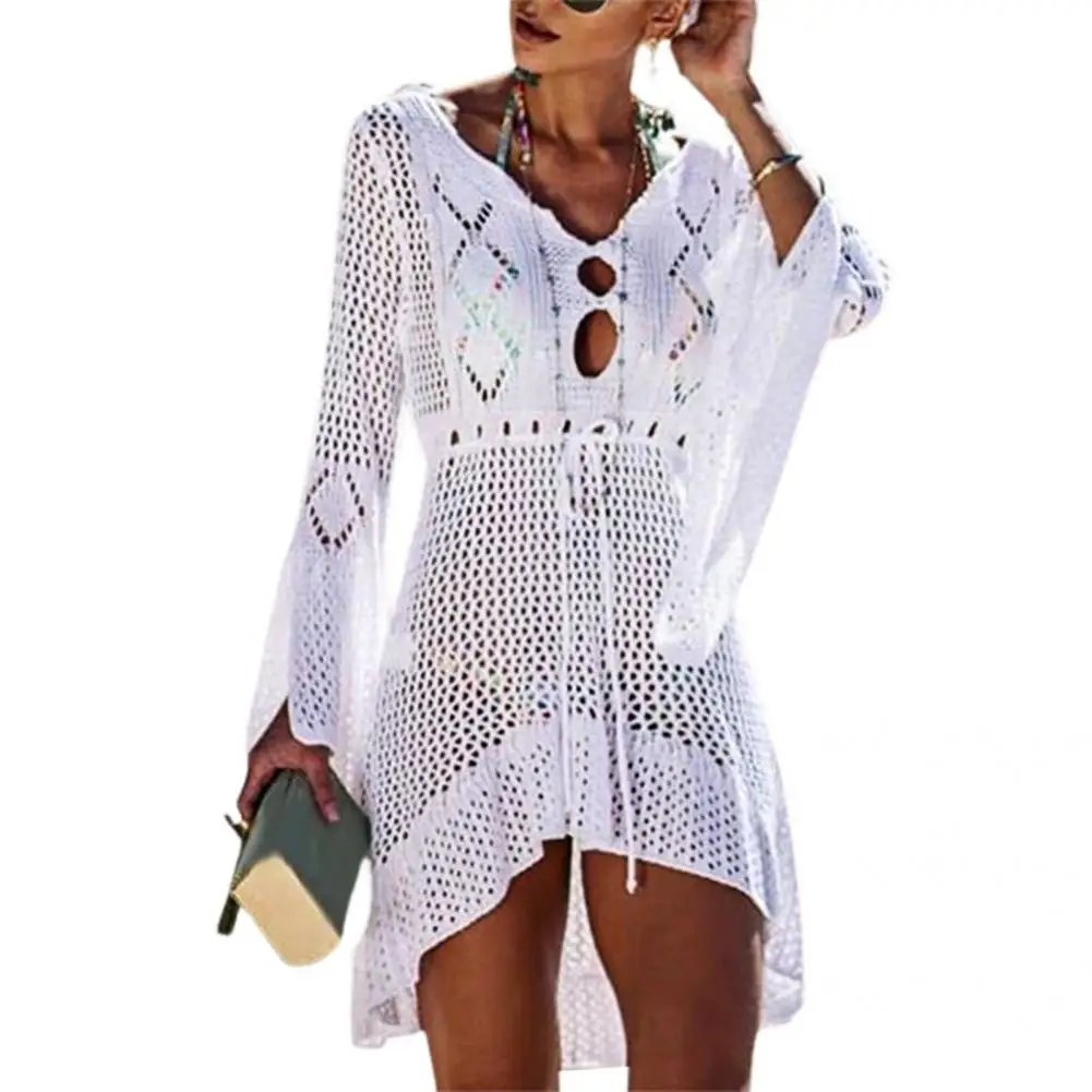 Stylish Flared Sleeves Solid Color Beach Dress Beachwear Women Dress Hollow Out Knitted Beach Dress for Vacation