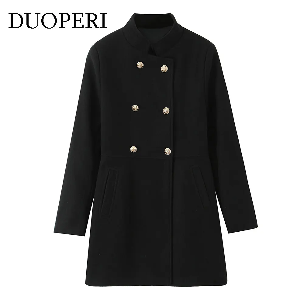 

DUOPERI Women's Black Trench Coats Double Breasted Casual Stand Collar Long Sleeves Coat Female Chic Lady Outfits