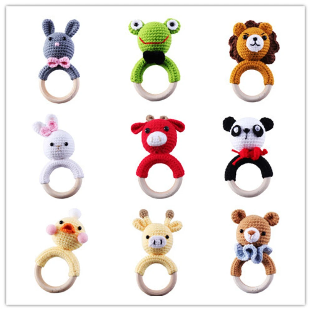 Baby Knitted Rattles Wooden Ring Sound Kodong Animal Ringing Interactive Toys Baby Soothing Doll Handmade Weaving Toys