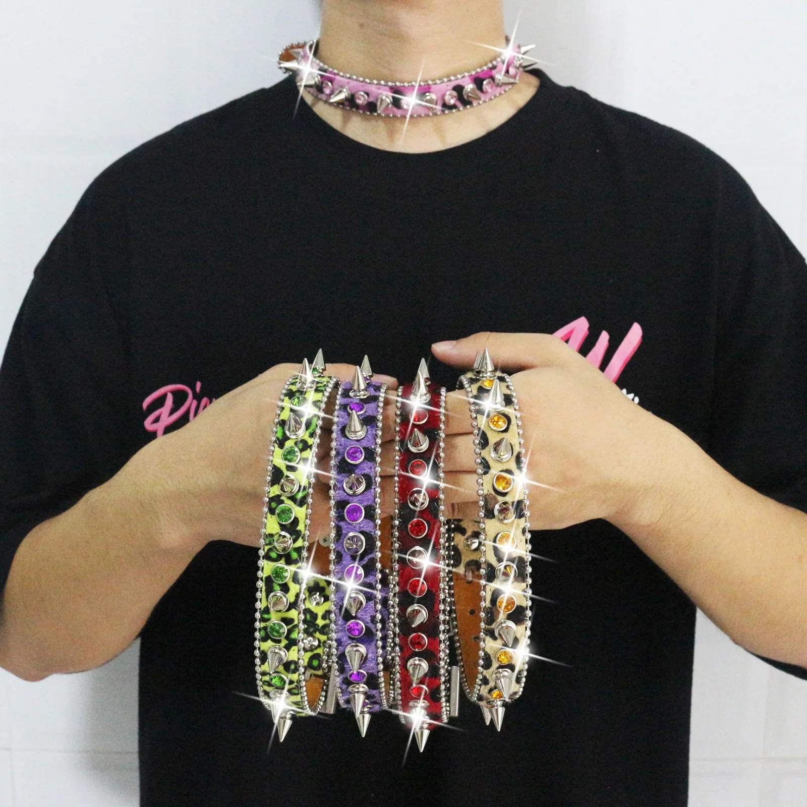 Multicolor Leopard Faux Fur Choker Necklace Rhinestone Edge Metal Spike Rivet Gothic Y2K Grunge E-girl Punk Neck Collar Jewelry