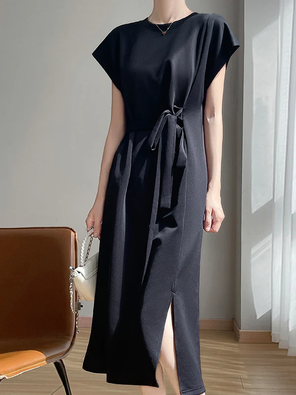 Estate 2025 Nuovo acetato di raso Dr delle donne rotonde Ne Semplice simulazione seta Faion con cintura gonna longuette Pendolarismo Basic Sle