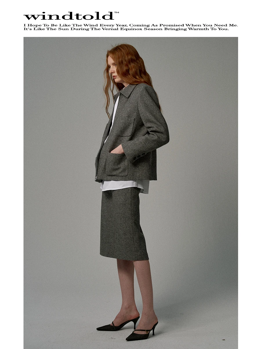 

Ele Windtold Woolen Suit with Zipper ket for Commuting to Work Midi Skirt And Cheered Jaet Ladies Workwear