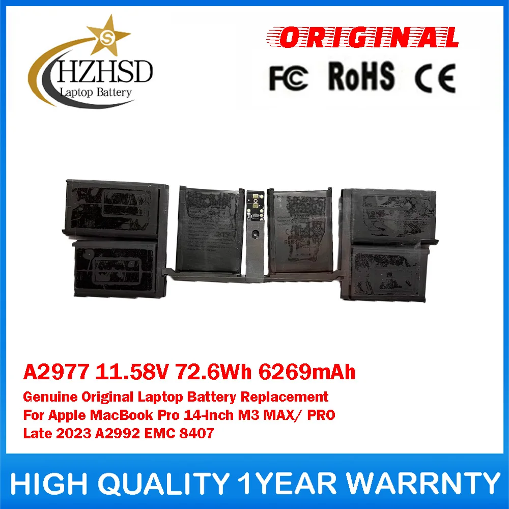 A2977 11.58V 72.6Wh 6269mAh Genuine Original Laptop Battery Replacement For Apple MacBook Pro 14-inch M3 MAX/PRO Late 2023 A2992