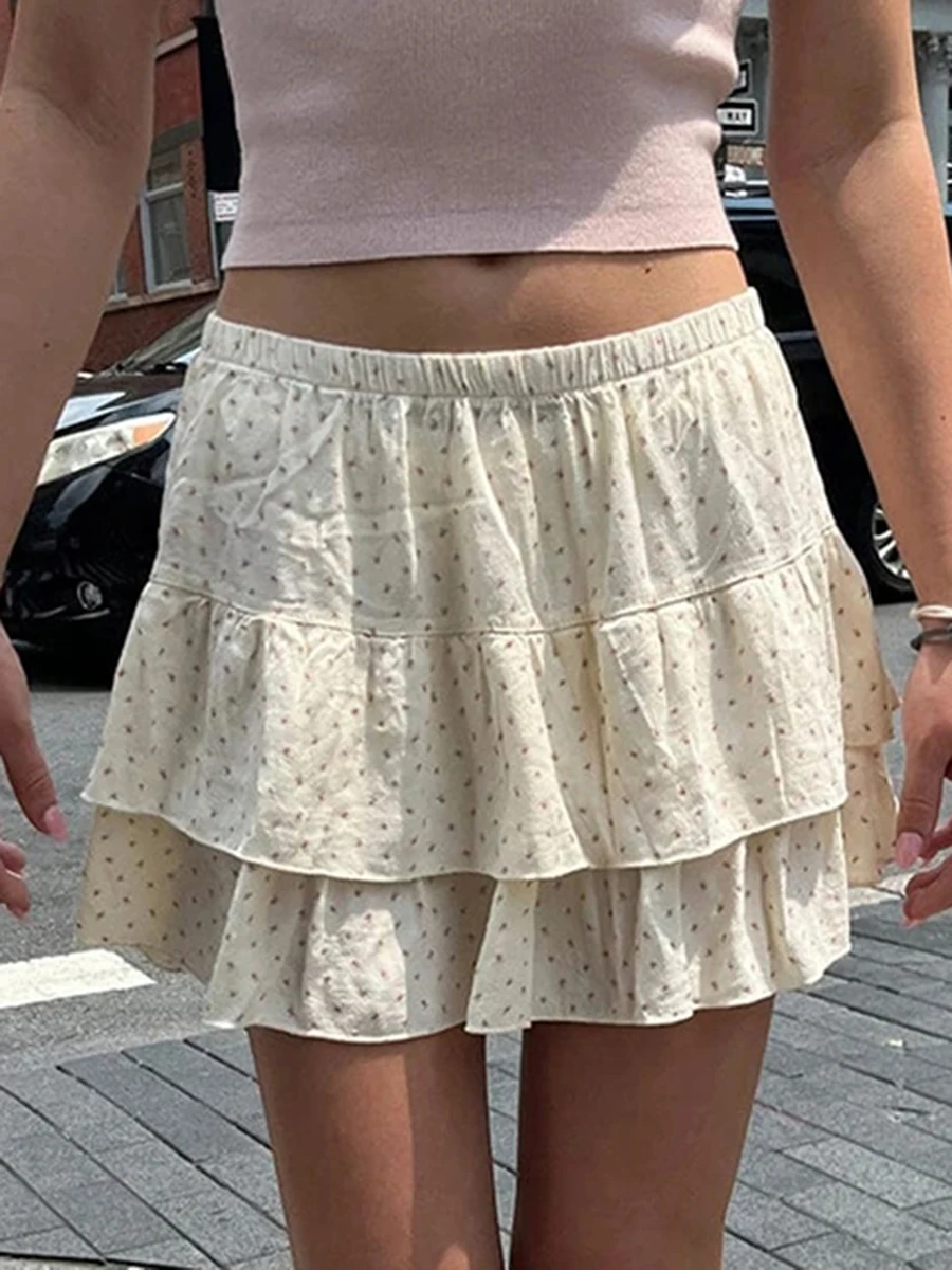 

Sweet Cute Floral Print A-line Skirts Balletcore Women Elastic High Waist Mini Skirt Female Harajuku Vintage Chiffon Faldas Y2K