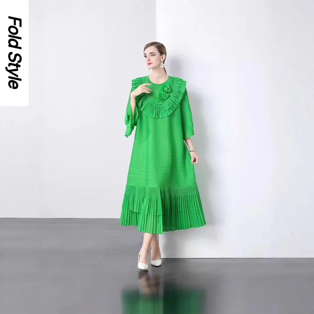 

Miyake 2025 New Ruffle Leaf Edge Three-dimensional Flower Beads Loose Folds Heavy Industry Loose Dress Women's Clothing