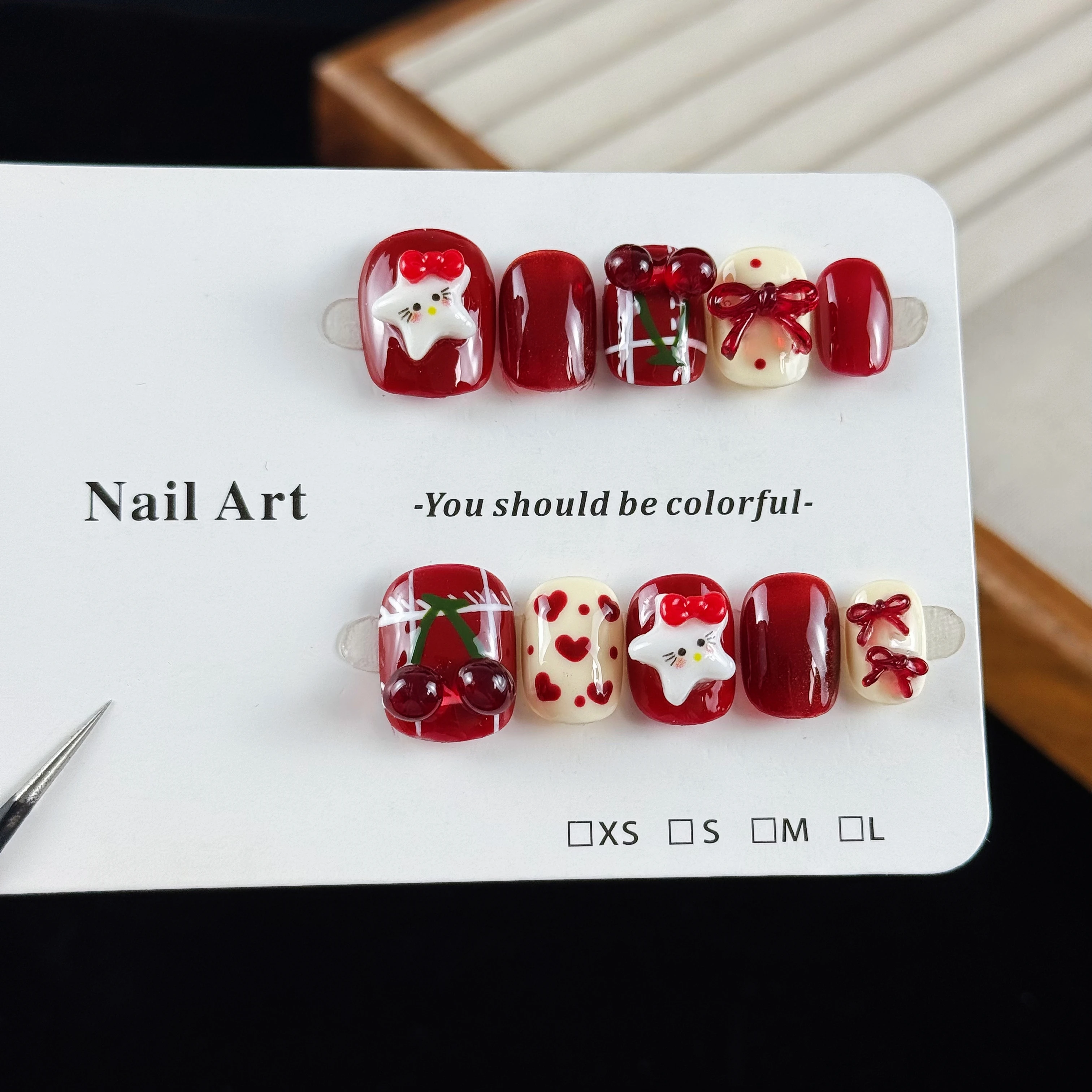 10pcs high-end Cute cartoon style, hand-drawn three-dimensional cherries, star, bows, and glittering cat eyes handmade fake nail