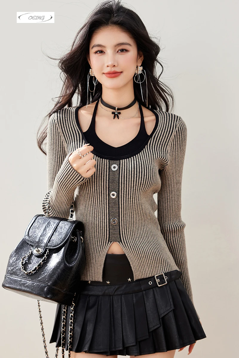 

Women's Fake Two-piece Knitted Sweater 2026 Spring Autumn Fashion Hot Girl Sexy Slim Bottoming Shirt Long Sleeve Y2k Tops 3922